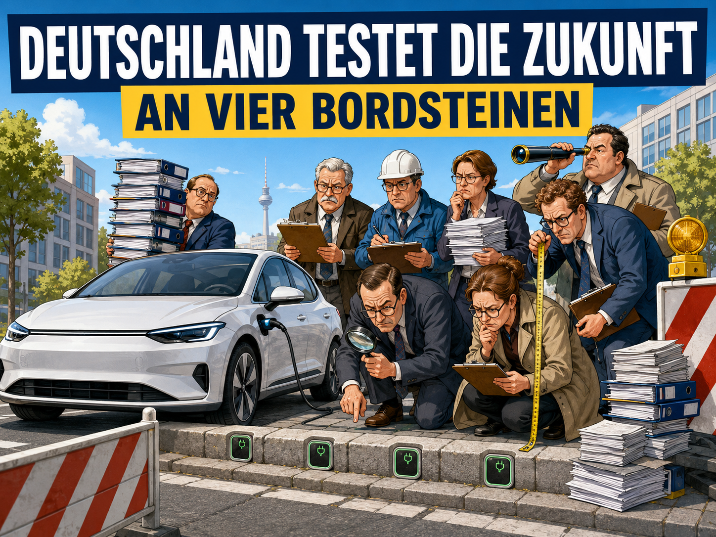 Satirische Illustration: Zahlreiche Prüfer untersuchen vier Ladebordsteine in einer deutschen Stadt.